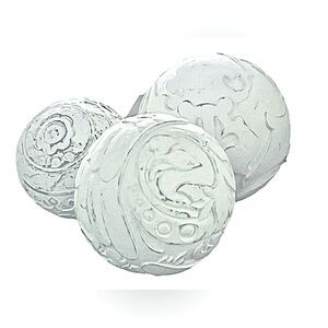 3 Carved Balls Distressed White Wood Cottagecore, Beach, Traditional, Modern